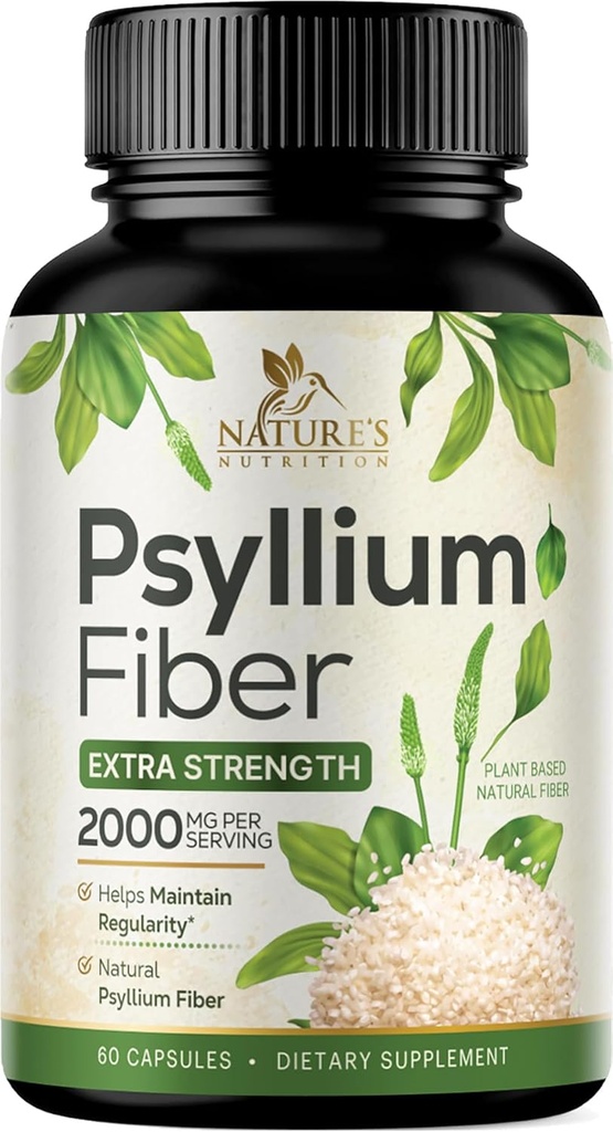 Psyllium Husk Pulver Kapsler 2000mg, Natural Daily Opløselige & Uopløselige Fiber Pills, Psyllium Husk Fiber supplement understøtter fordøjelse Colon Sundhed & Regularitet, Plant baseret supplement - 60 Kapsler