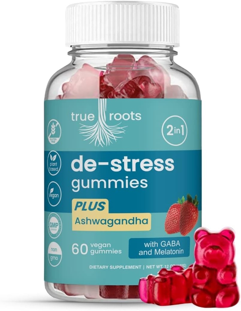 Stress Gummies samme dag Stress Relief C124; Destress and Calm C124; Ashwagandha, GABA, Melatonin, I- Theanine, Lemon Balm C124; Sugar Free Vegan 60 ct