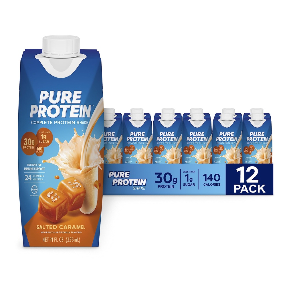 Pure Protein Salted Caramel Shake, Ready to Drink and Keto-Friendly, Vitamins A, C, D, and E Plus Zinc to Support Immune Health, 11 Oz, 12 Count