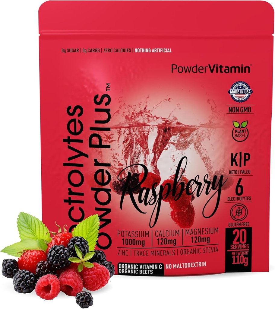 PowderVitamin Electrolytes Powder Plus (20 Servere) Raspberry Electrolyte Powder Zero Calorie Keto, 0 Sugar, No Maltodextrin, 1000mg Kalium, 120mg Calcium, 120mg Magnesium, Pink Himalayan salt