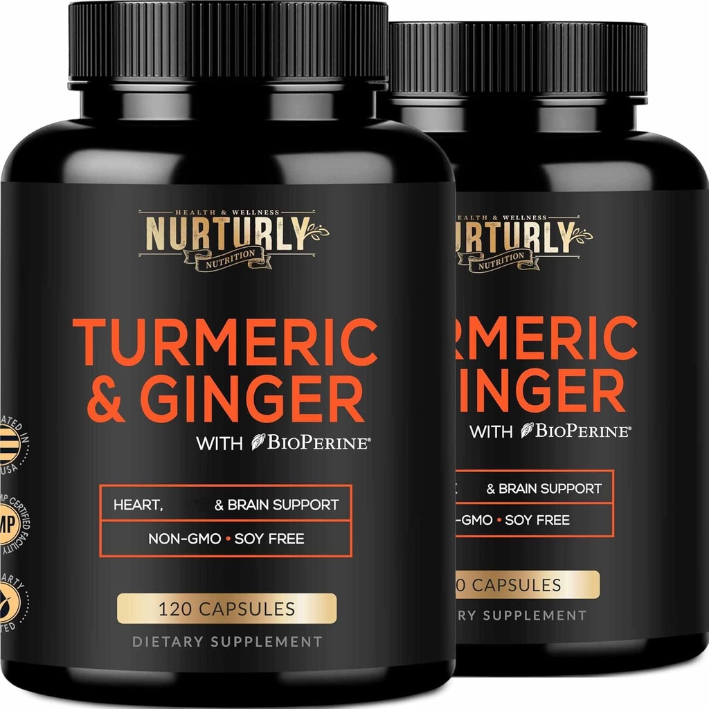Gurkemeje med BioPerine & Ingefær, Sort Peber og 95% Curcuminoider - Høj Absorption Gurkemeje Kosttilskud til jord - Non-GMO, Gluten Free - 240 Kapsler
