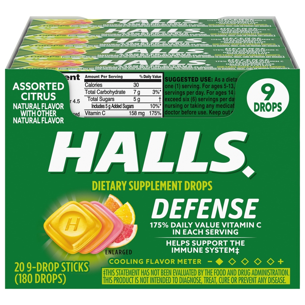 HALLS Defense Assorted Citrus Vitamin C Drops, 20 sticks af 9 Drops (180 Total Drops)