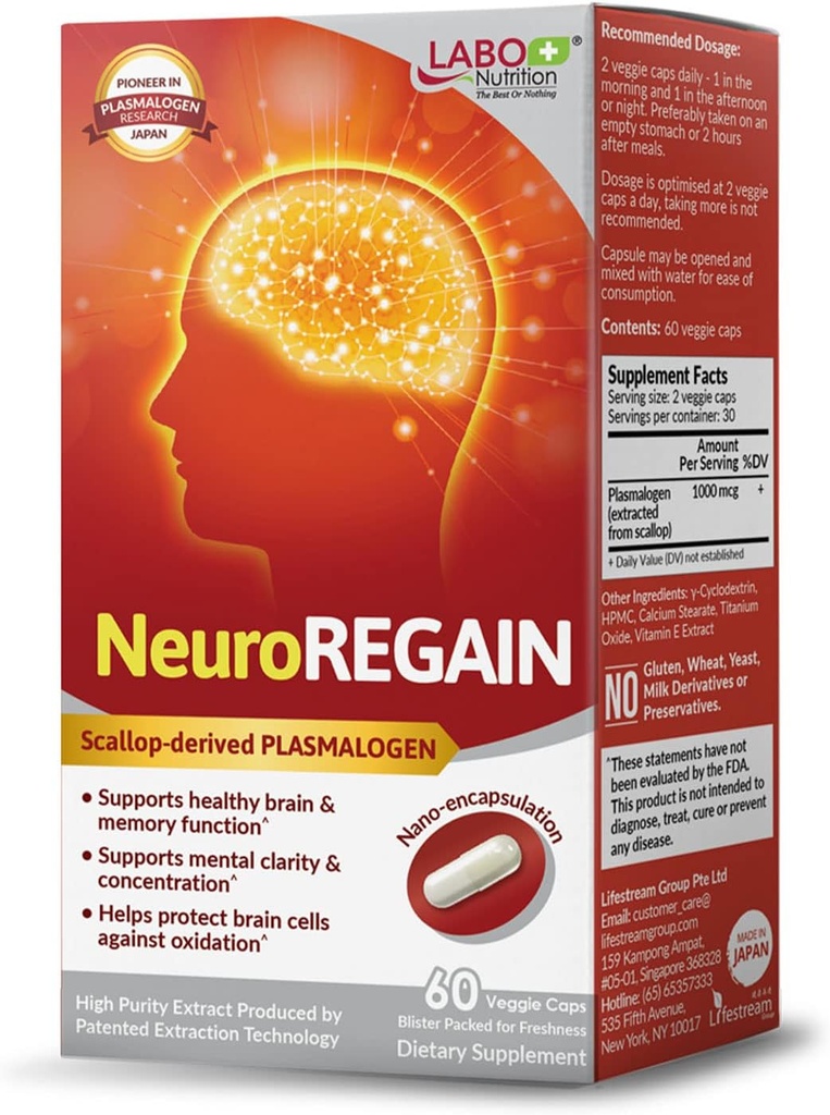 LABO Nutrition NeuroREGAIN - Scallopderiveret PLAMALOGEN til hjernedeteriorering, hukommelse, alerhed, læring, koncentration og andre kognitive funktioner - Egnet til seniorer, voksne mænd & kvinder