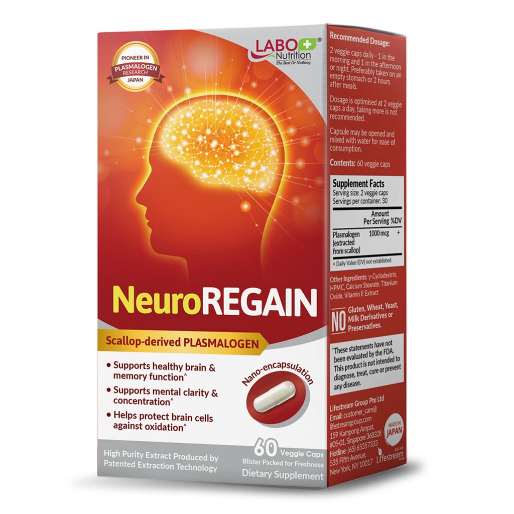LABO Nutrition NeuroREGAIN - Scallopderiveret PLAMALOGEN til hjernedeteriorering, hukommelse, alerhed, læring, koncentration og andre kognitive funktioner - Egnet til seniorer, voksne mænd & kvinder