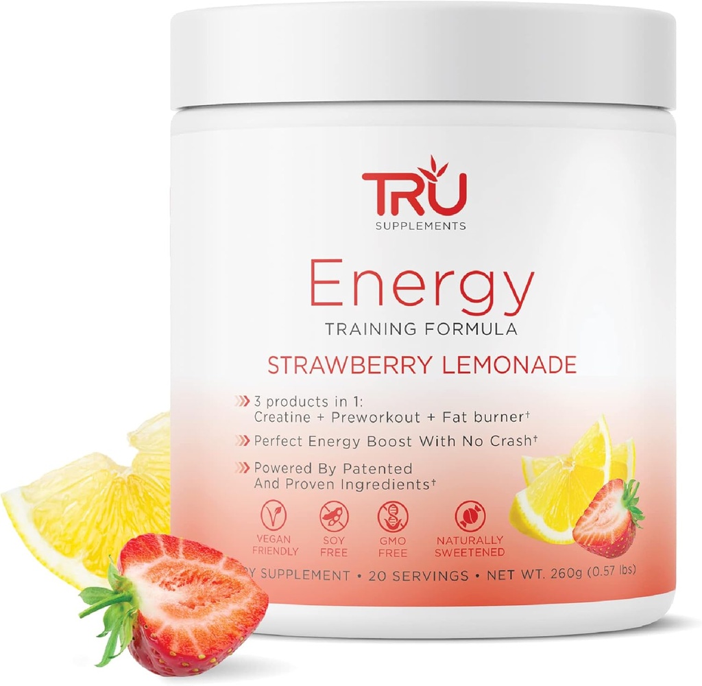 TRU Kosttilskud Energi, Pre træningsformel, Vegansk Friendly, No Jitters, Forbedre workout ydeevne, naturligt ekstraherede Arme, 20 Servering (Strawberry Lemonade)