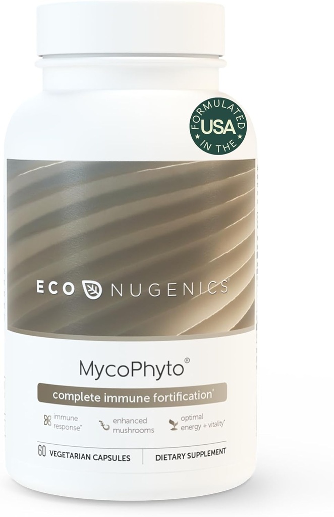 EcoNugenics MycoPhyto Complex: Svampe supplement til intensiv immunforsvar - 60 kapsler - Inkluderer Tyrkiet Hale, Reishi, Cordyceps, Maitake & mere - Energi, Gut Sundhed & Nootrop Brain Support