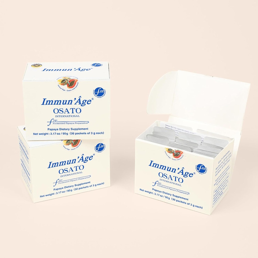 IMMUN 'ÂGE 3- Måned Supply - Anti- Aging, NRF2 aktivator, immunforsvar & antioxidant, Cellular Energy Production Supplement - 100% Japansk Fermented Papaya Powder - 3 bokse (30 pakker x 3g pr. kasse)
