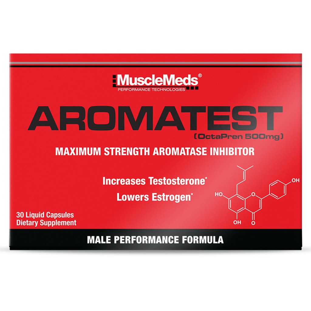 MuscleMeds AROMATEST Testosteron Booster & Aromatase Inhibitor, Lowers Østrogen, Understøtter muskeltræning & Styrke, Anti- Aging Hormone Erstatning for mænd, 30 Væskekapsler