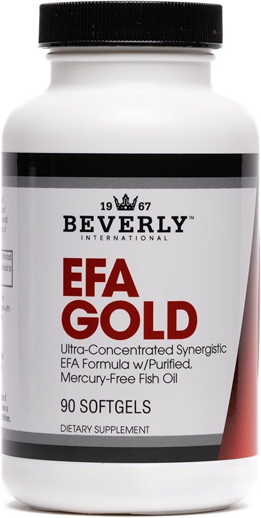 Beverly International EFA Gold, 90 Softgel kapsler. Høj potens Omega- 3s EPA og DHA + Omega 6 & 9 fede syrer. Kombinationsfisk, hørfrø og boragolie.