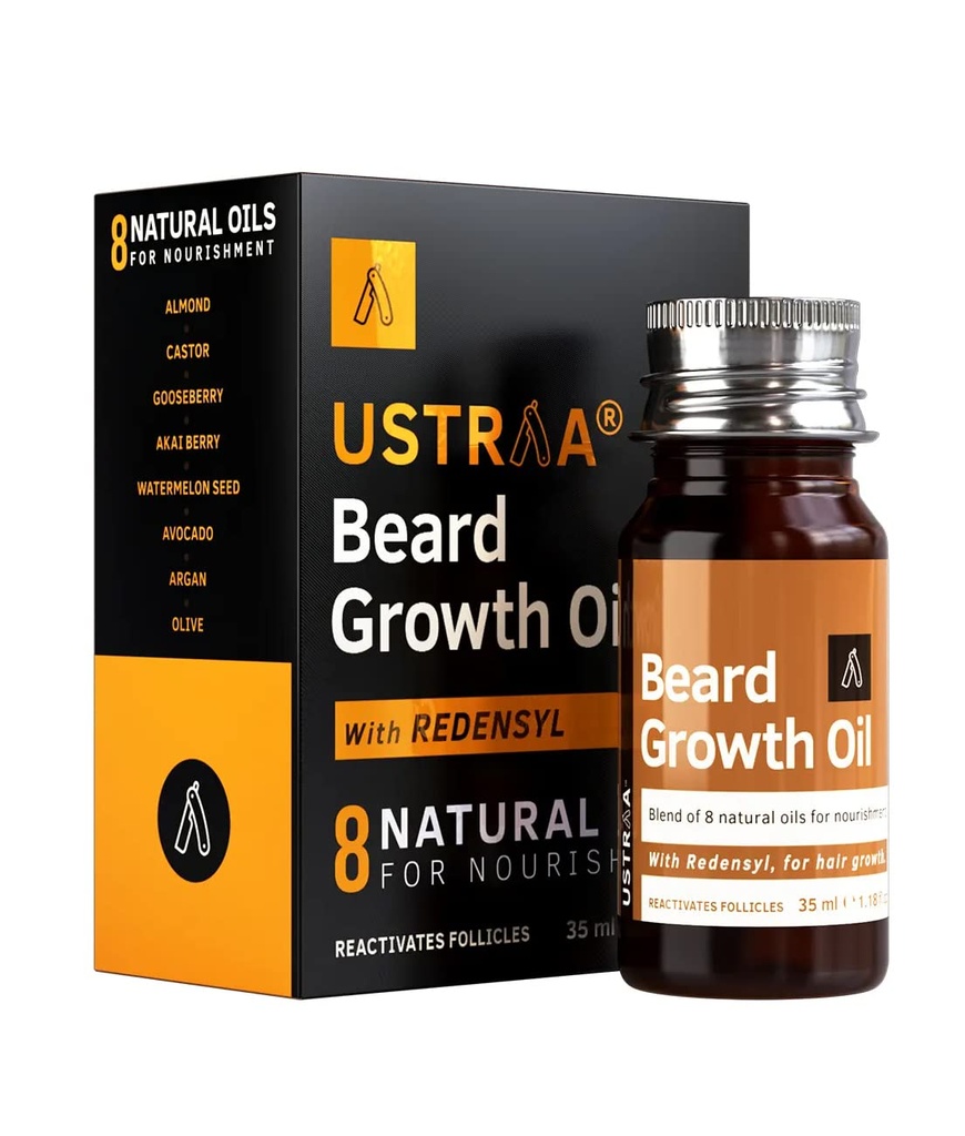 USTRAA Beard Growth Oil - 1.18 Oz - Mere Beard Growth, Med Redensyl, 8 naturlige olier, herunder Jojoba Oil, Vitamin E, Nydelse & Styrkelse, Ingen skadelige kemikalier