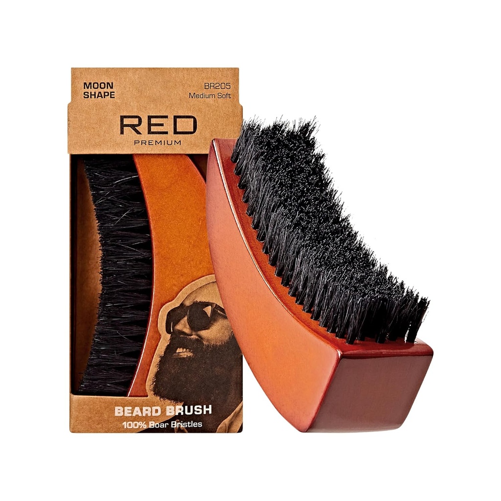 RED by Kiss Beard Brush med 100% Natural Vildsvin Bristles for Mænd, Premium Wooden Brush, Beards Mustacher Grooming Barbering Comb, Tamme og Softe Facial Hår (MOON SHAPE)