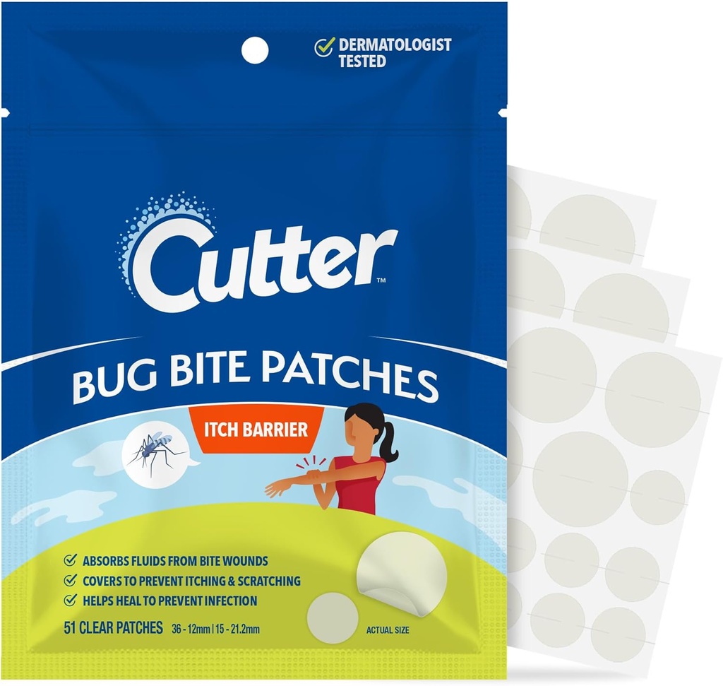 Cutter Bug Bite Patches Itch Relief Hydrocolloid Patches for børn og voksne, Absorber Fluids, Hjælper Heal, Prevents Scratching, Mosquito Itch Relief, Hydrocortison & Sug Tool Alternative, 51 Greve