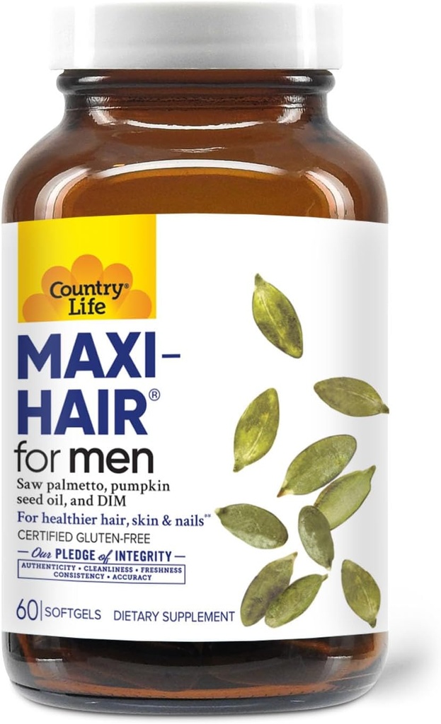 Country Life Maxi- Hår til mænd - 2000mcg biotin, Saw Palmetto, Pumpkin Seed Oil, DIM, Kalium, Magnesium, Calcium & Zink Blend - understøtter sundere hår, skalp, hud & negle, 60 Veganske kapsler