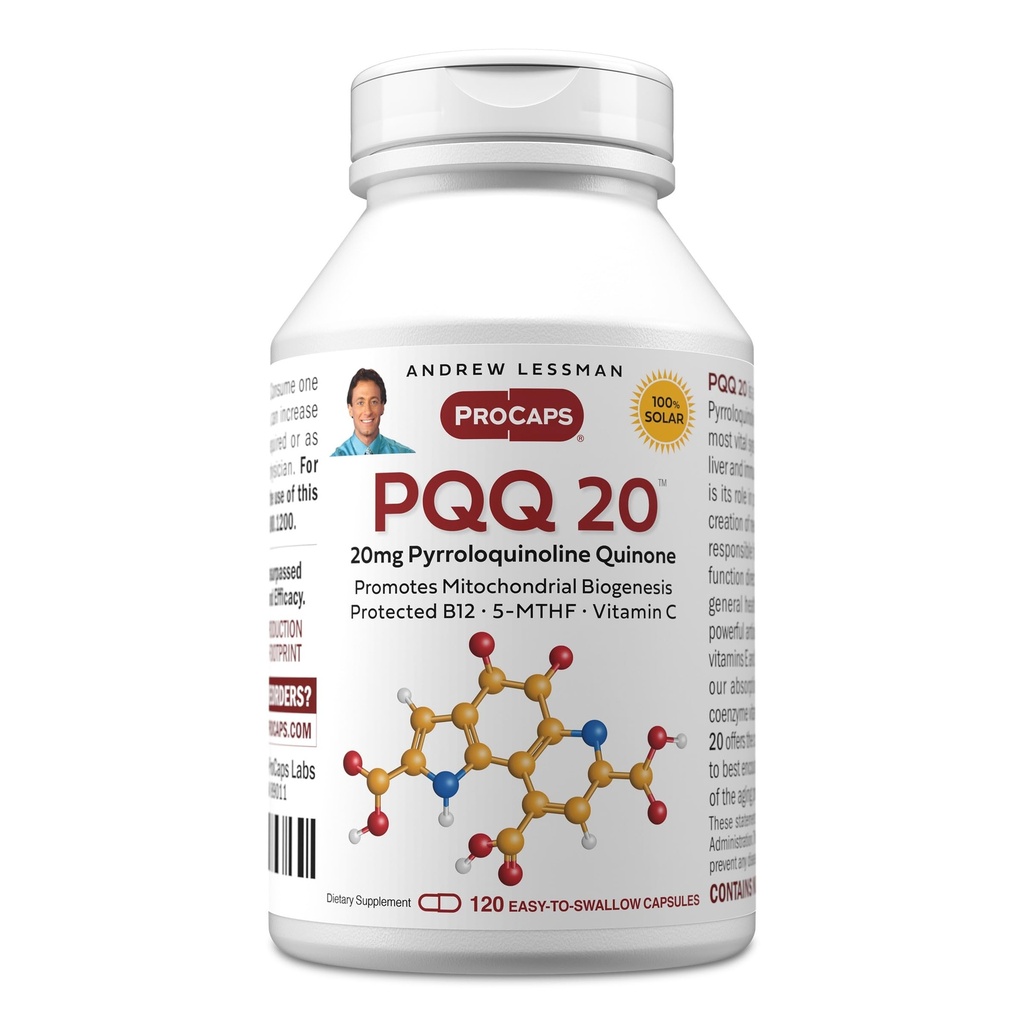 ANDREW LSSMAN PQQ 20mg - 120 kapsler - 20mg Pyrroloquinoline Quinone, Natural Protective Compound Supports Vital Organs, Heart, Brain, Lever, immunsystem. Mitokondriel Biogenese, Ingen tilsætningsstoffer