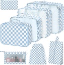 8 Set Packing Cubes for Suitcases, Packing Cubes med Shoe Bag, Kosmetik Bag, Beklædning Bag, Tilbehør Tasker Packing Cubes for Travel Bagage Organizer Kvinder Mænd (blå Checkered)