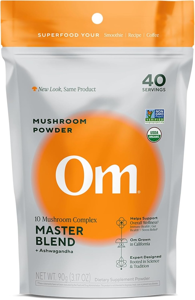 OM Master Blend Mushroom Powder - Organic Mushroom Supplement med 10 Mushrooms og Ashwagandha - Support Immunitet, Gut Health & Stress Relief, 3.17 oz (40 Servere)