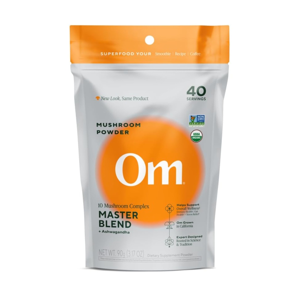 OM Master Blend Mushroom Powder - Organic Mushroom Supplement med 10 Mushrooms og Ashwagandha - Support Immunitet, Gut Health & Stress Relief, 3.17 oz (40 Servere)