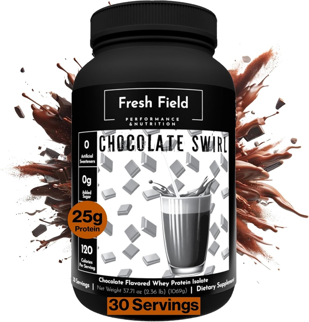 Fresh Field Chocolate Protein Powder - 25g Whey Protein Isolate, Gluten- Free & Soy- Free, Sugar- Free, 30 Servere - Natural Whey Protein Powder for workout Fitness & Nutrition Shakes - 2,36 lb