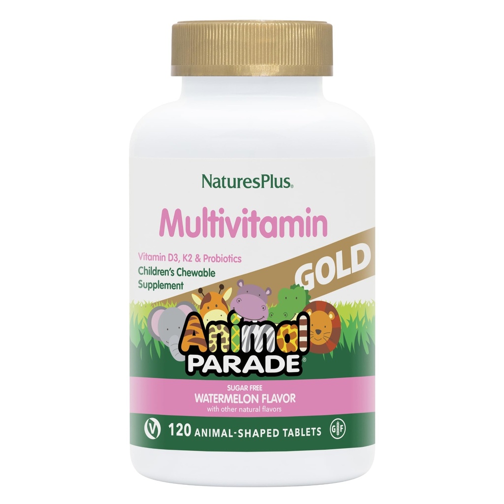 NaturesPlus Animal Parade Gold Multivitamin Children 's Chewables - Watermelon Flavor - 120 Animal- Shaped Tablets, Pack of 2 - Vitamin D3, K2 & Probiotika - Vegan, Gluten Free - 120 Total Servering
