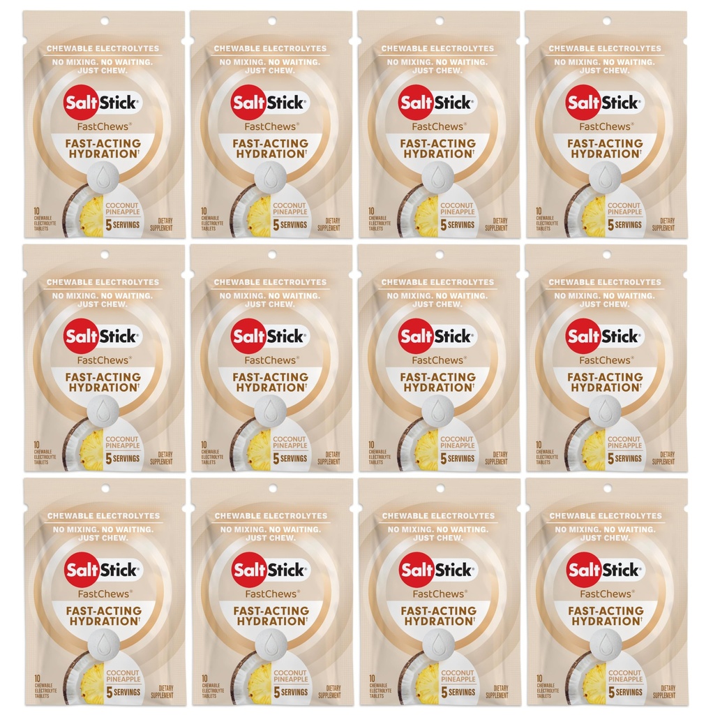 SaltStick Electrolyte FastChews - 120 Count Coconut Ananas Flavor - Electrolyte Tablets for Hydration, Salt Tabs - 10 Count (pakke med 12)
