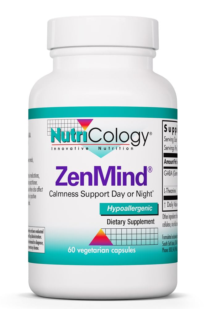 Nutricology ZenMind supplement - Calmness Support, Dag eller nat, GABA, L- Theanin, Hypoallergen, Vegetariske Kapsler - 60 Greve