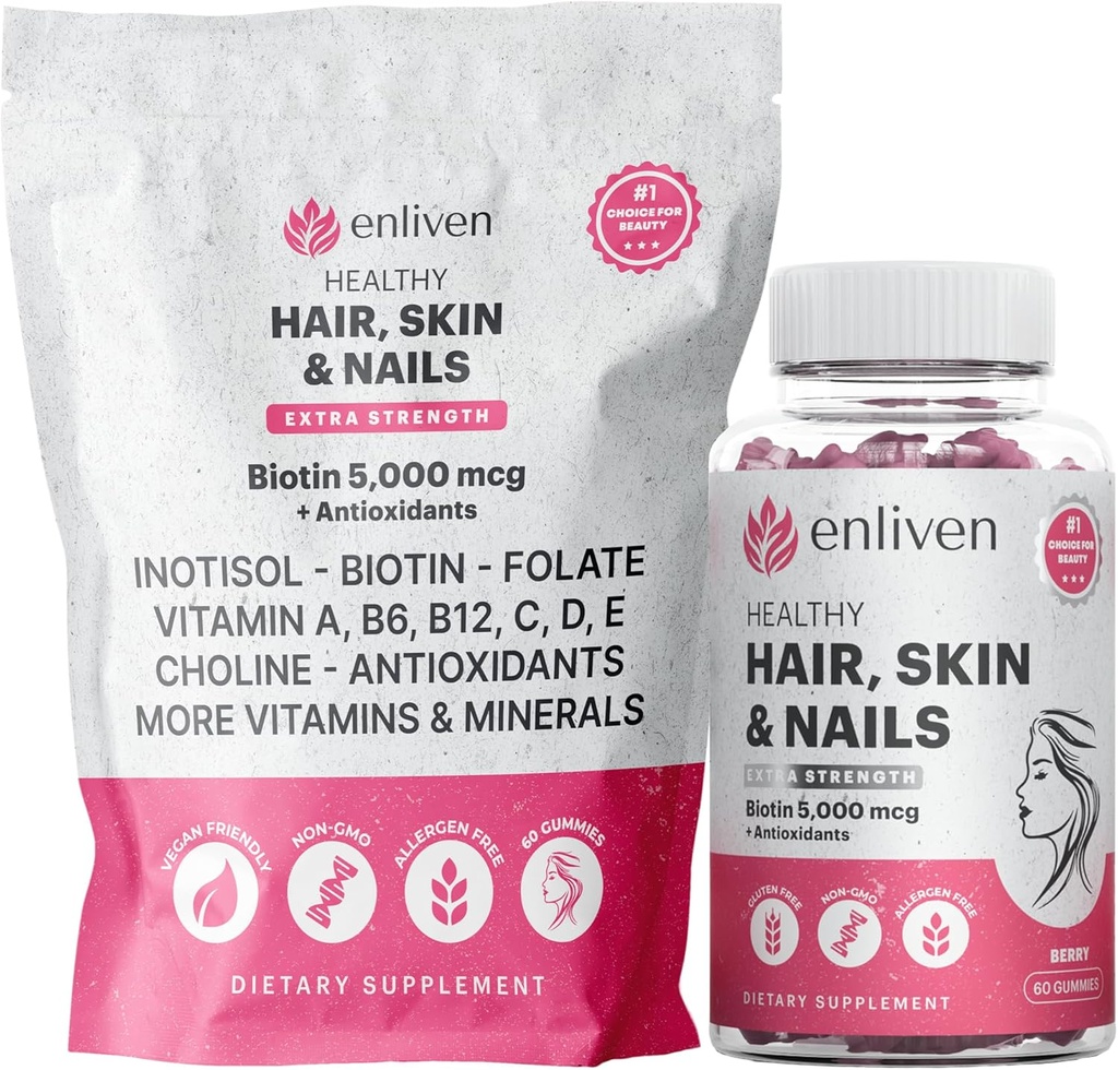 enliven Biotin Gummies for Hår Growth & Strong Nails against 124; 5000mcg Biotin + Inositol, Collagen Support 124; Hudpleje Vitaminer til kvinder & Mænd; Berry Flavor 124; Vegansk Hår Skin Nail Supplement