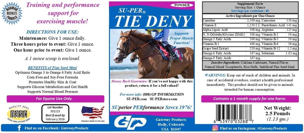 SU- PER Tie Deny Energy Horse Supplement - Understøtter korrekt muskel funktion i Performance Heste - Normal cirkulation & Oxygen Uptake, Energiproduktion, Træthed Delay - 2,5 Pund, (2 Pack)
