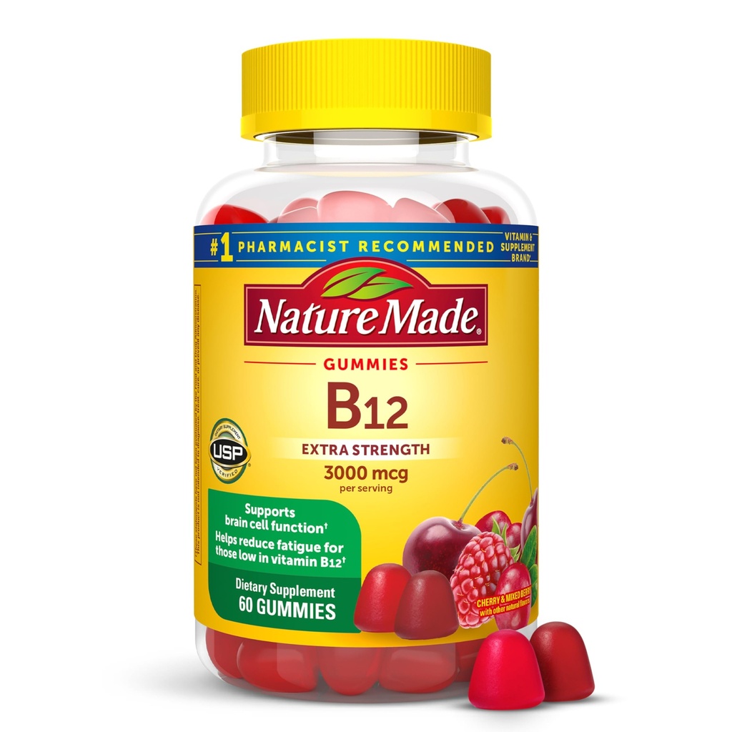 Nature Made Extra Strength Vitamin B12 Gummies, 3000 mcg per servering, B12 Vitamin supplement til energi Metabolisme Support, 60 Gummy Vitamin, 30 dages forsyning