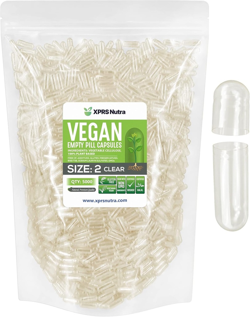XPRS Nutra Størrelse 2 Tomme kapsler - 5000 Clear Tom Vegan - Vegetarisk DIY Vegetabilsk kapsel Fyldning - Veggie Pille kapsler piller