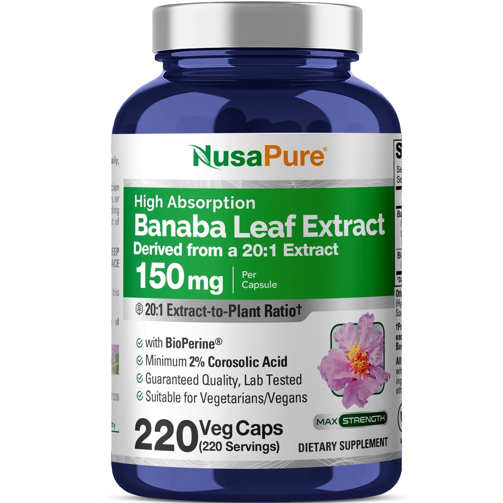 NusaPure Banaba Leaf 20: 1 Extract, 150 mg Ækvivalent med 3,000mg Veg Caps, 220 Days Supply (Non-GMO & Vegan) 2% Corolsyre