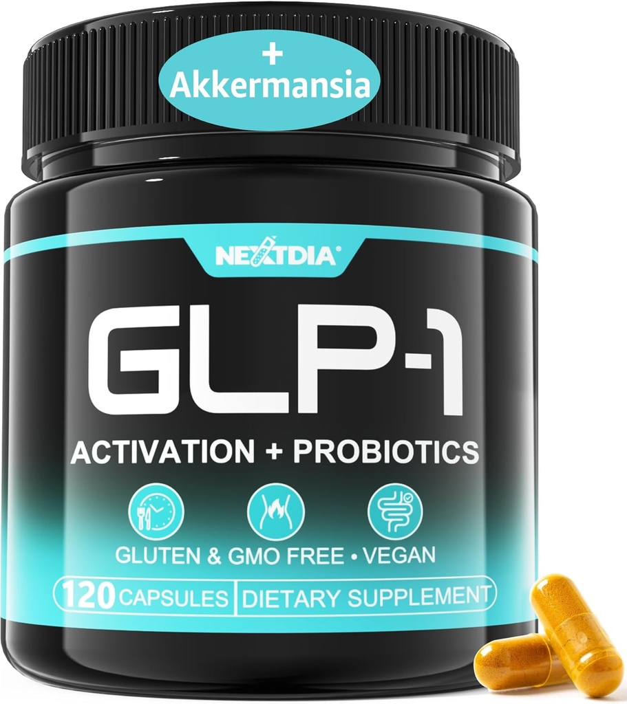 GLP-1 Supplement med Akermansia Probiotika, Prebiotika Fiber, Berberine, Green Tea Extract, Ceylon Kanel, gurkemeje, Cayenne Pepper - Support GLP-1 naturligt, Gut, energi, Mænd Kvinder - 120 Kapsler