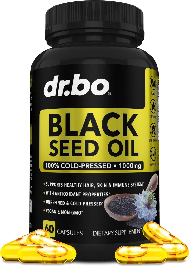 Black Seed Oil Capsules Vegan - Pure Cold Pressed Black Seed Oil Nigella Sativa Cumin til hud og hår sundhed, 500mg, 1000mg Per 2 Capsule Servering Blackseed Liquid Capsules Halal - 60 Softgels Pills