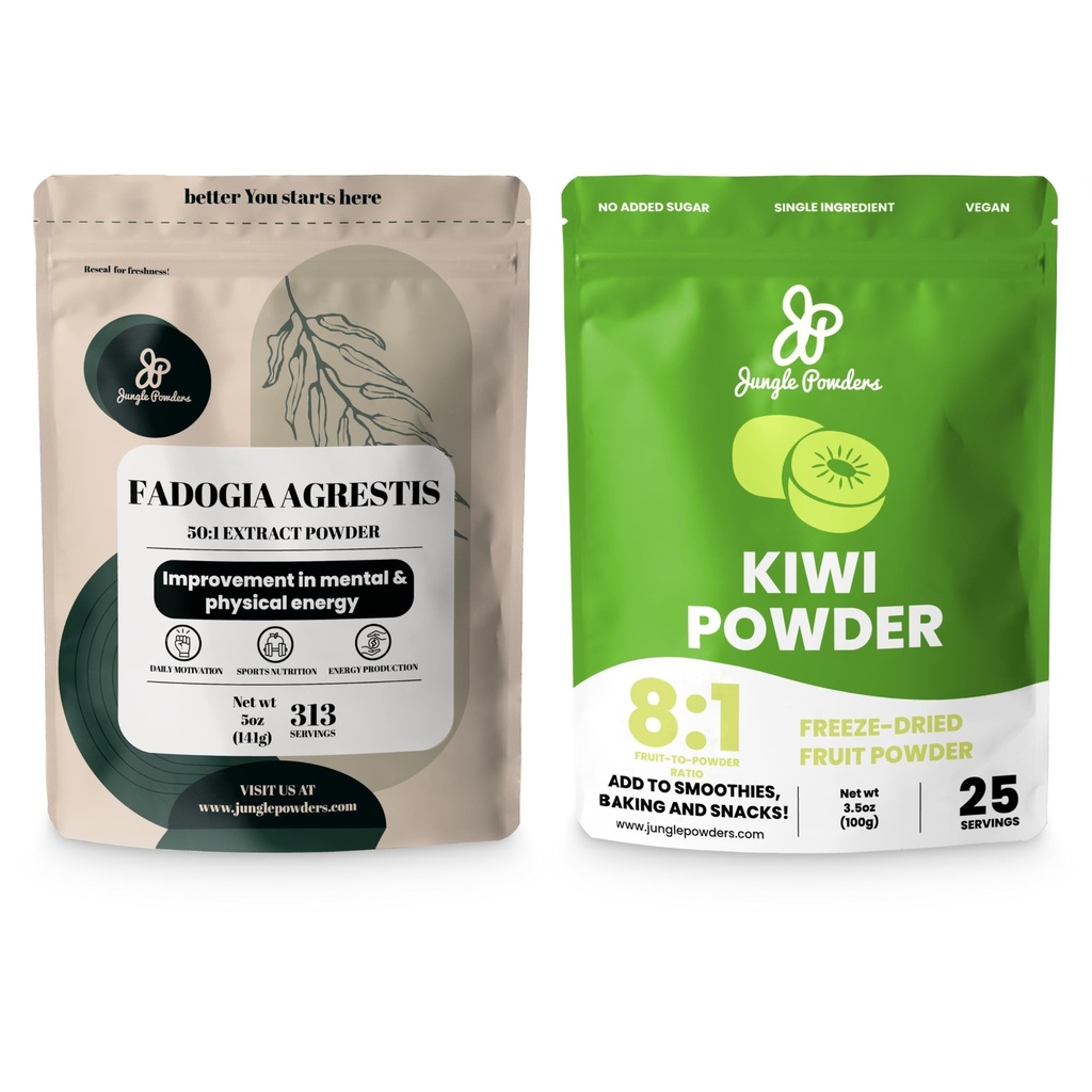 Jungle Powders Men 's Health Bundle: 5oz Fadogia Agrestis Extract & 5oz Freeze- Tørret Kiwi Fruit Powder - Pure Nigerian Fadogia for Traditional Drive & Passion Support & Usødet Kiwi Extract