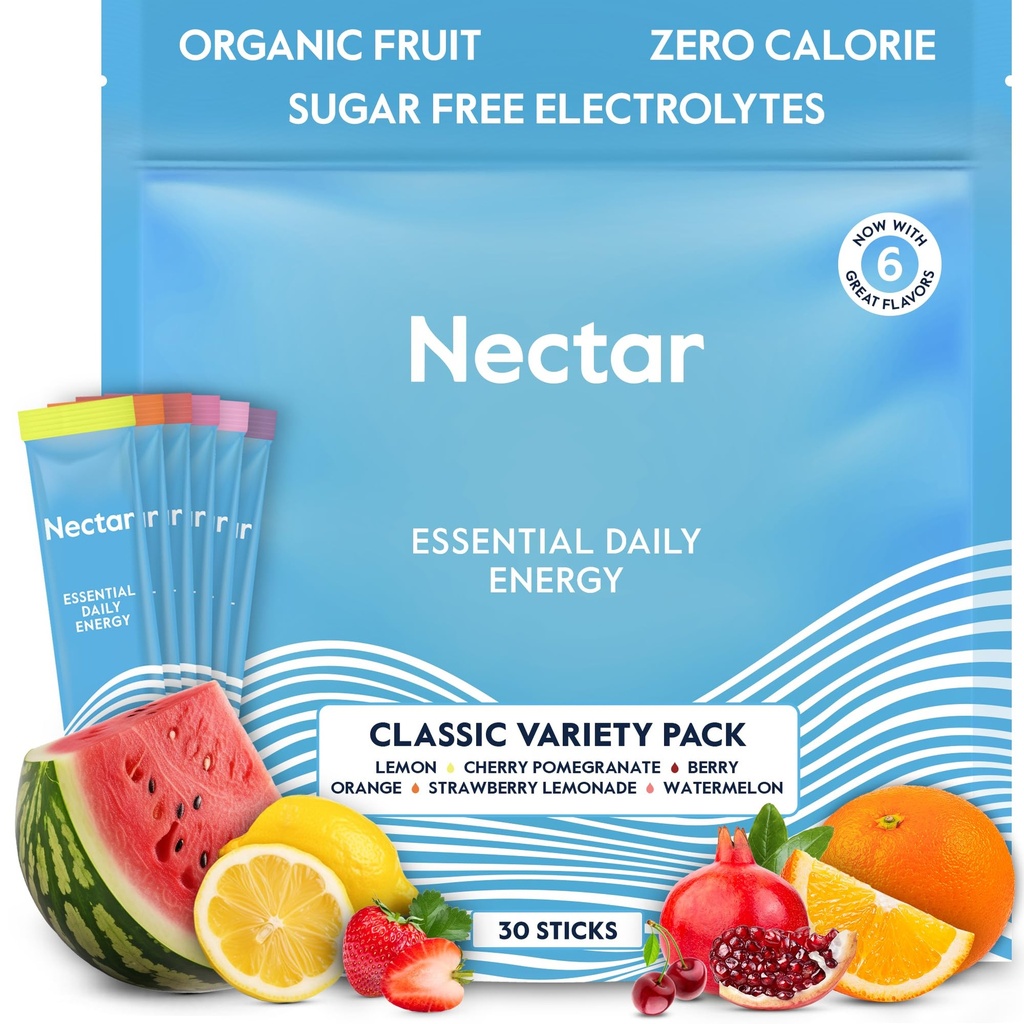 Nectar Energy Booster - Organic Caffeine, B12 & Electrolytes - Sugar Free & Zero Calorie – Healthy Coffee, Energy Drink & Soda Alternative – Hydration & Energy Supplement (Variety 30 Powder Packets)