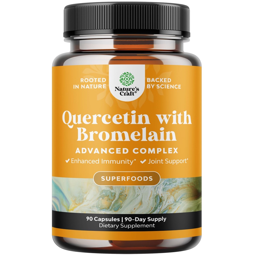 Pure Quercetin med bromelain Supplement for immunforsvar - High Potent Quercetin 500 mg kapsler med bromelain til immunforsvar og vejrtrækning - Nutritional Respiratory Supplement - 90 Ct