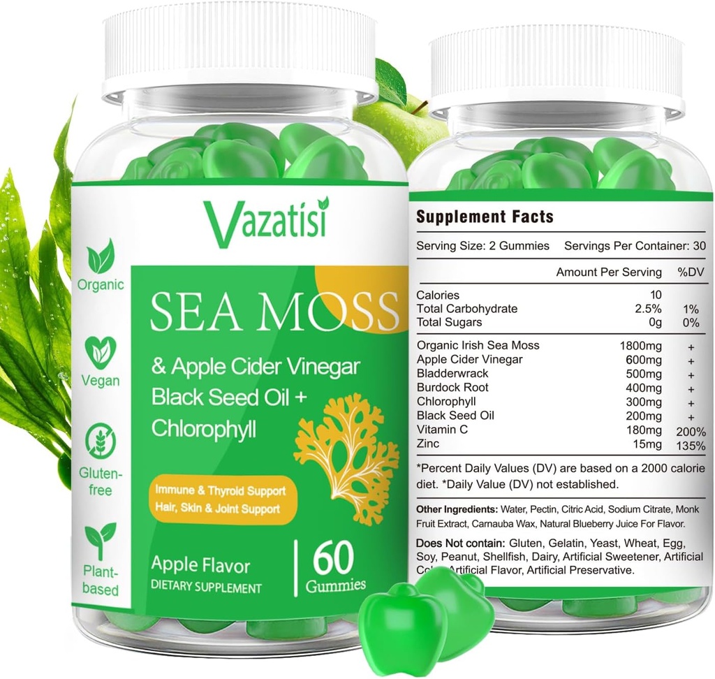 2 Pack Organic Irish Sea Moss Gummies med Black Seed Oil, Chlorophyll - Thyroid, Mood, Energy & Immunsupport - Kvinder & Mænd, Voksen & Kid - 120 Vegansk Gummies