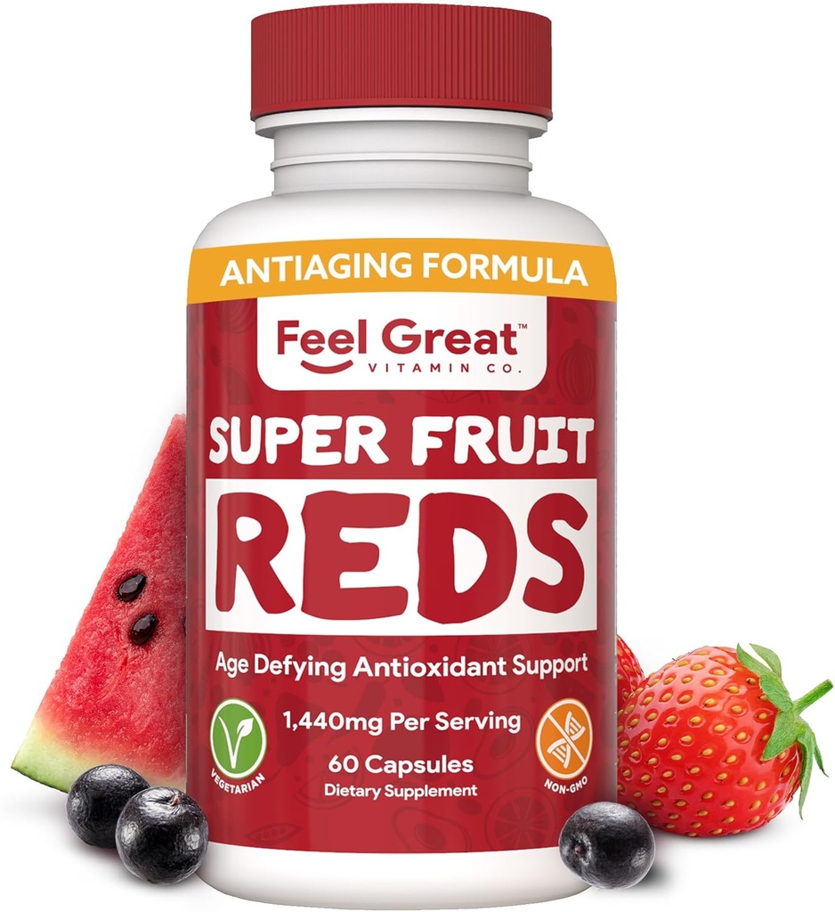 Feel Great Vitaminer Superfruit Reds - Antioxidant Superfood med polyphenoler til Anti- Aging & immunforsvar - Acai, Mangosteen, Pomegranat, Blåbær & meget mere - 60 kapsler