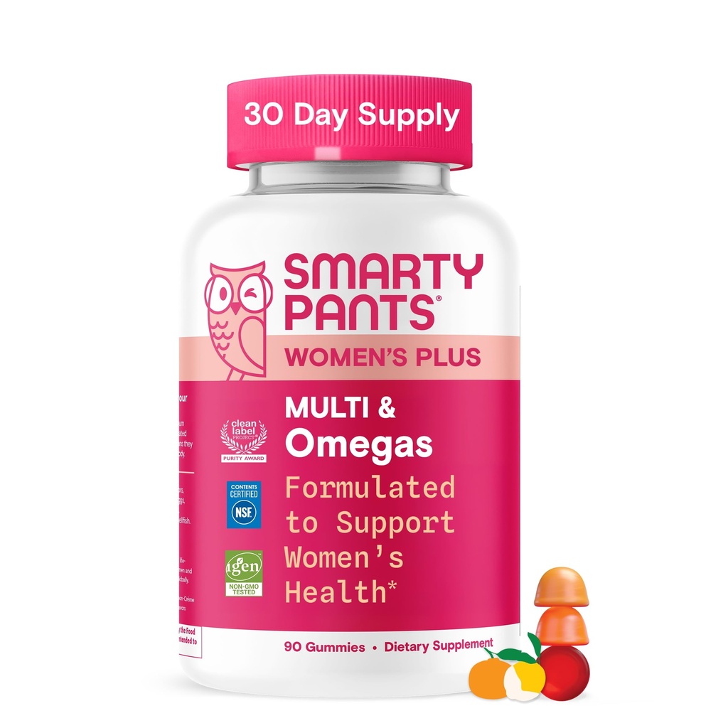 SmartyPants Kvinder Multivitamin Gummies, Omega 3 DHA / EPA, Methylfolat, CoQ10, Vitamin D3, C, B12, B6, A, K, Zink, Tre Frugtflager, 90 Greve (30 Day Supply)