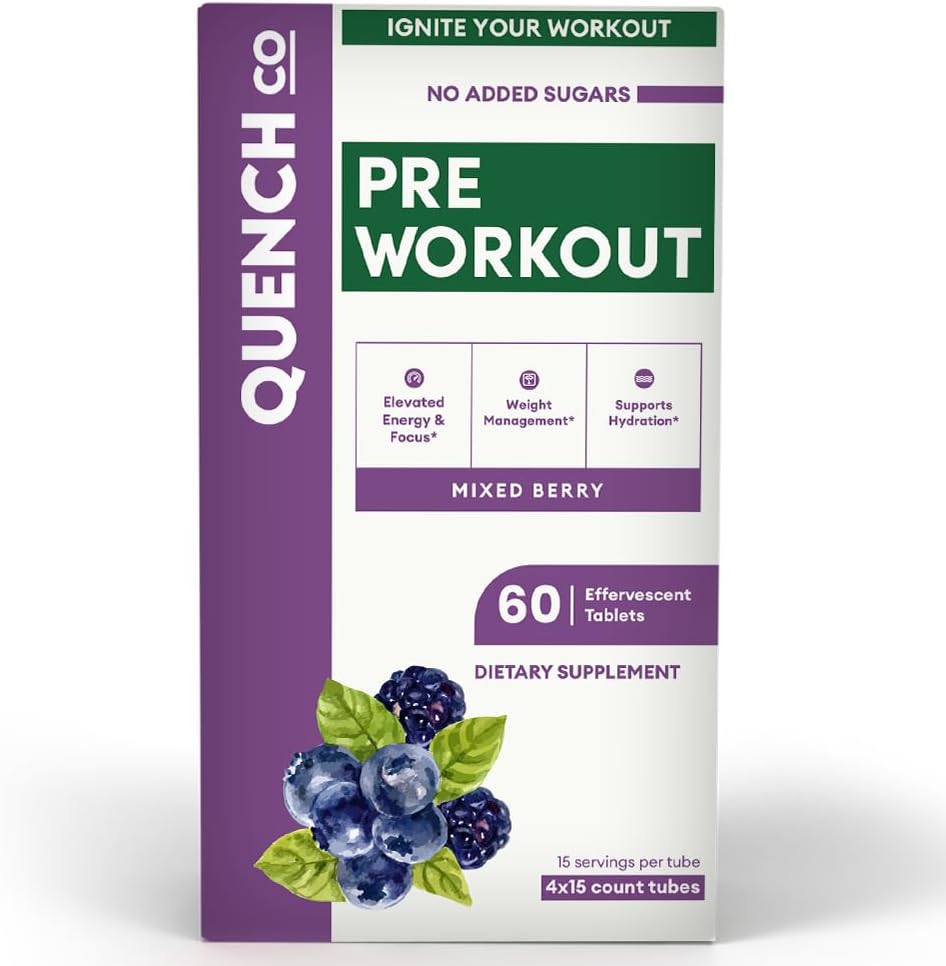Quench Pre Workout for mænd og kvinder Effervescent tabletter - øger energi & fokus med L- Arginin, Natural Koffein - understøtter vægtstyring & hydrering - Vegan, Keto, Soy- Free 60 Greve