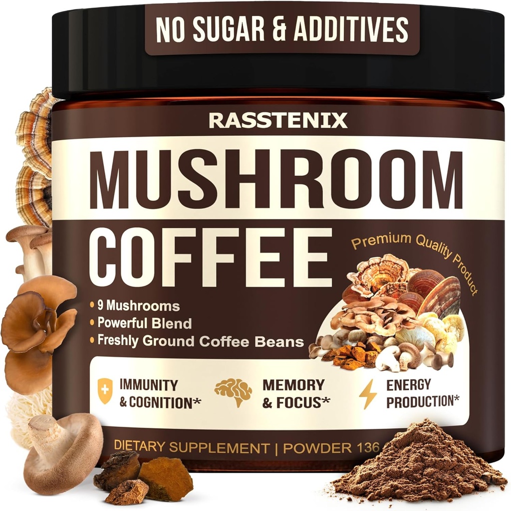 Mushroom Coffee Organic - 9 Mushroom Adaptogen Mix - Lions Mane, Chaga, Tyrkiet Hale, Reishi, Shiitake - Instant Mushrooms Coffee for Gut Health, Energy, Mental Clarity - 60 Servering