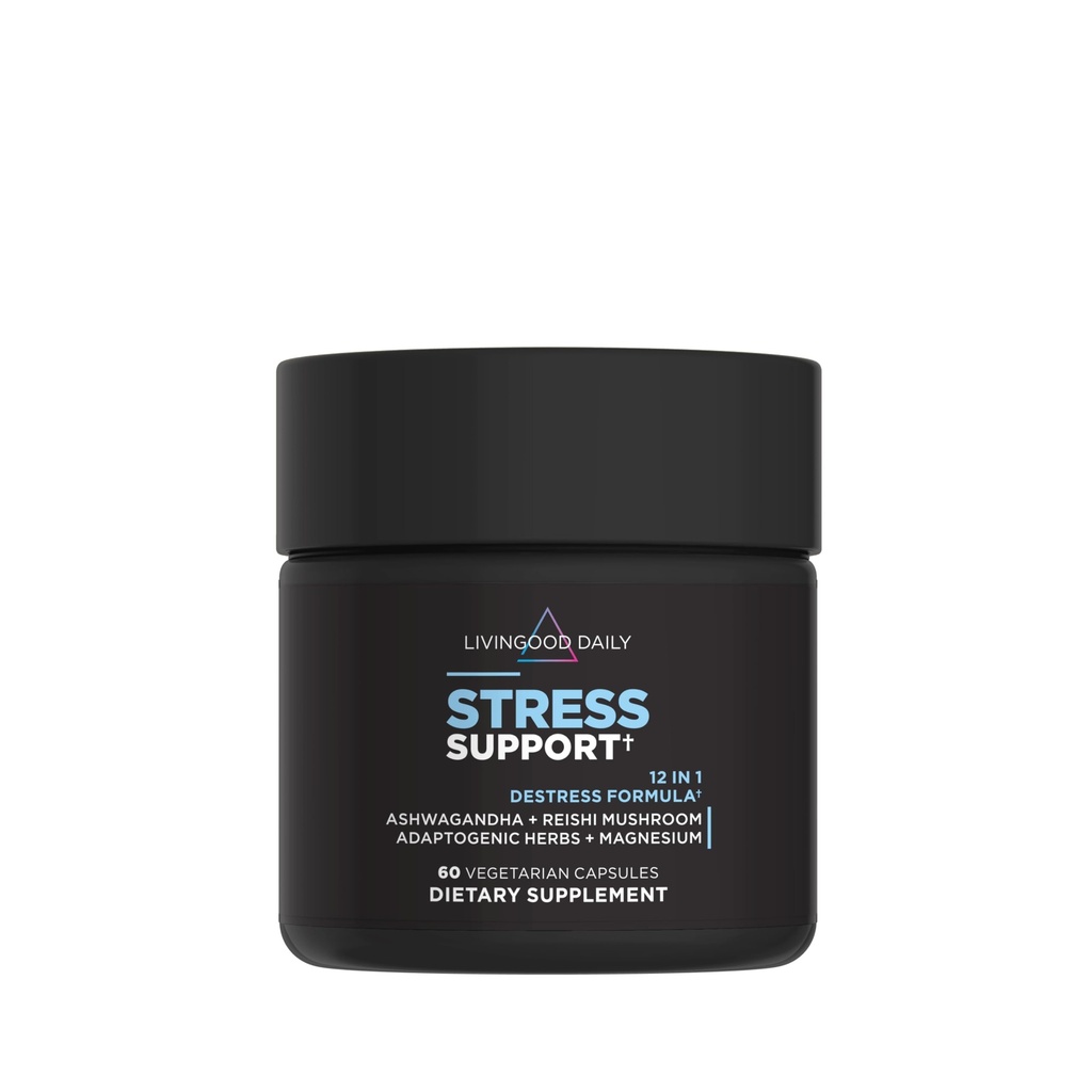 Livingood Daily Stress Support, 12- in-1 Supplement med Ashwagandha, Reishi Mushroom, Vitamin B6, Adaptogene Urter & Magnesium, Understøtter Mood & Call, Gluten Free, Vegan, 60 Vegetariske Kapsler