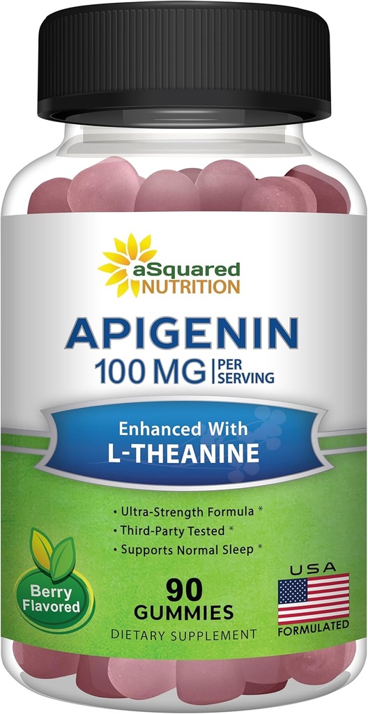 Apigenin 100mg med L- Theanine 100mg Gummies - Apigenin supplement til søvn - Natural Extract Gummy Alternativ til kapsler, piller, pulver & te - 2 Per Servering