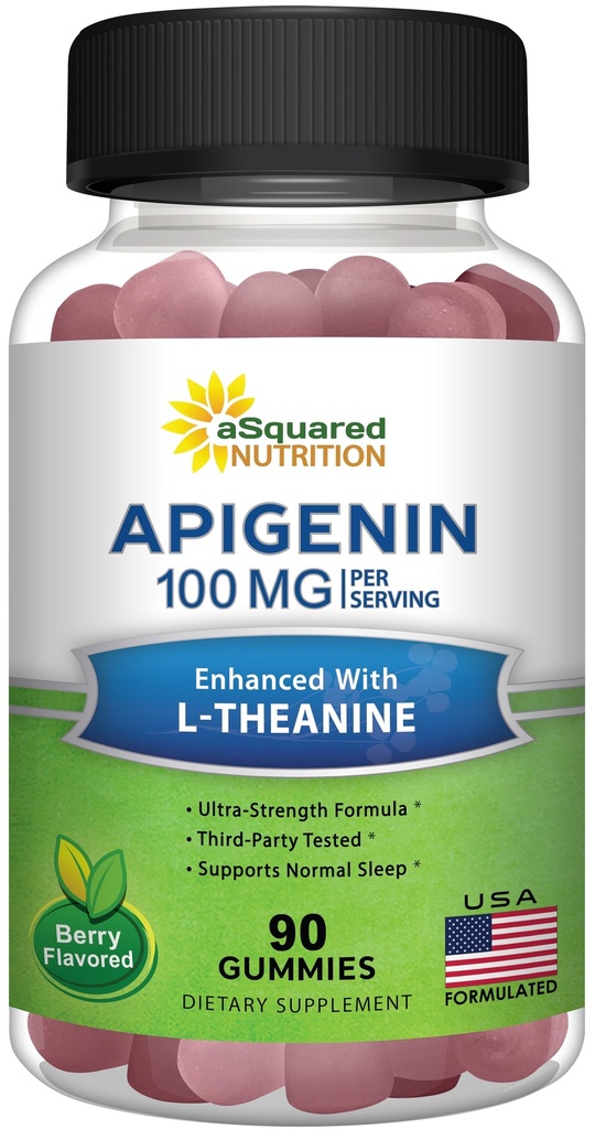 Apigenin 100mg med L- Theanine 100mg Gummies - Apigenin supplement til søvn - Natural Extract Gummy Alternativ til kapsler, piller, pulver & te - 2 Per Servering