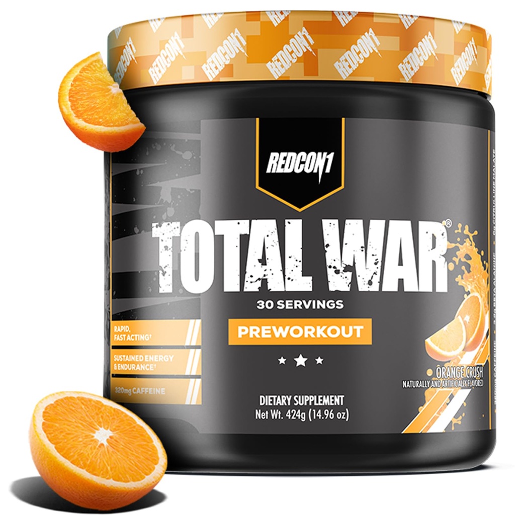 REDCON1 Total War Pre Workout, Orange Crush - Indeholder 320mg koffein fra grøn te, Juniper & Beta Alanine - Pre Work Out with Amino Acid to Increase Pump, Energy + Endurance (30 Servere)