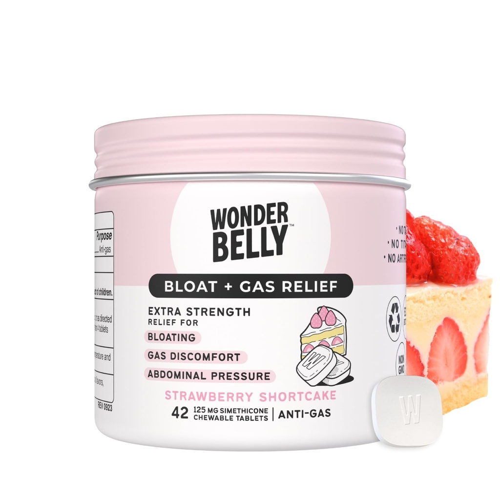 Wondermave Bloat + Gas Relief, Extra Strength Chewable Tablets, with 125 mg Simeticone, No Talc or Dye, Strawberry Shortcake, 42 Count