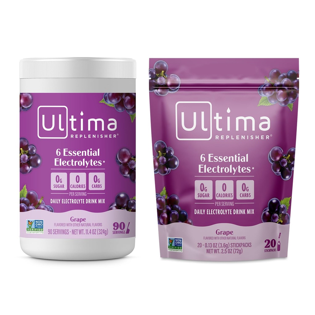Ultima Replenisher Electrolyte Powder Drink Bundle - Sugar Free - Grape, 90 Serving Canister og 20 Stickpacks - 6 Electrolytes and Minerals - Keto Friendly, Vegan, Non- GMO