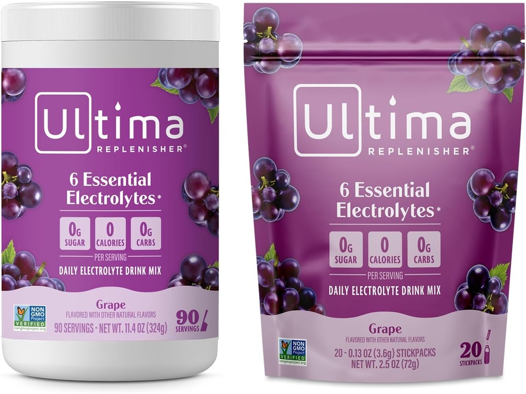 Ultima Replenisher Electrolyte Powder Drink Bundle - Sugar Free - Grape, 90 Serving Canister og 20 Stickpacks - 6 Electrolytes and Minerals - Keto Friendly, Vegan, Non- GMO