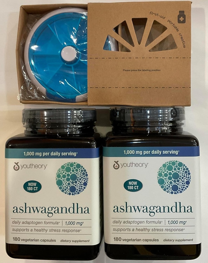 Youtheory Ashwagandha 1000mg med KSM- 66 - Hjælper med at understøtte en sund stress respons, 180 kapsler (Pack of 2) og Pille Orgnizer Bundles
