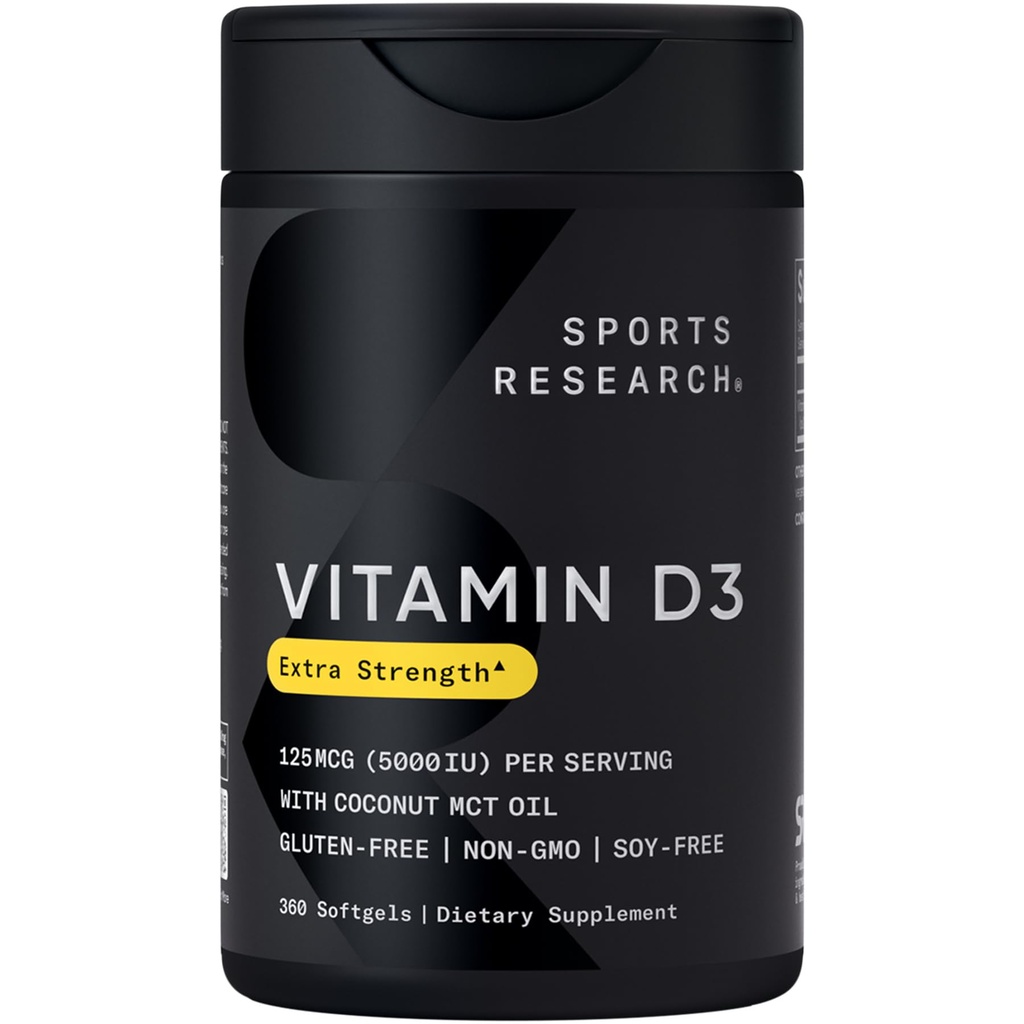 Sports Research ® Vitamin D3 w / Coconut MCT Oil - High Potency Vitamin D3 5000iu (125mcg) Supplement til immun- og benstøtte - Seed Oil Free - Non- GMO - Gluten Free (360 Liquid Softgels)