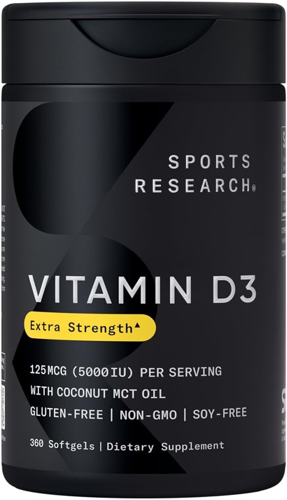 Sports Research ® Vitamin D3 w / Coconut MCT Oil - High Potency Vitamin D3 5000iu (125mcg) Supplement til immun- og benstøtte - Seed Oil Free - Non- GMO - Gluten Free (360 Liquid Softgels)